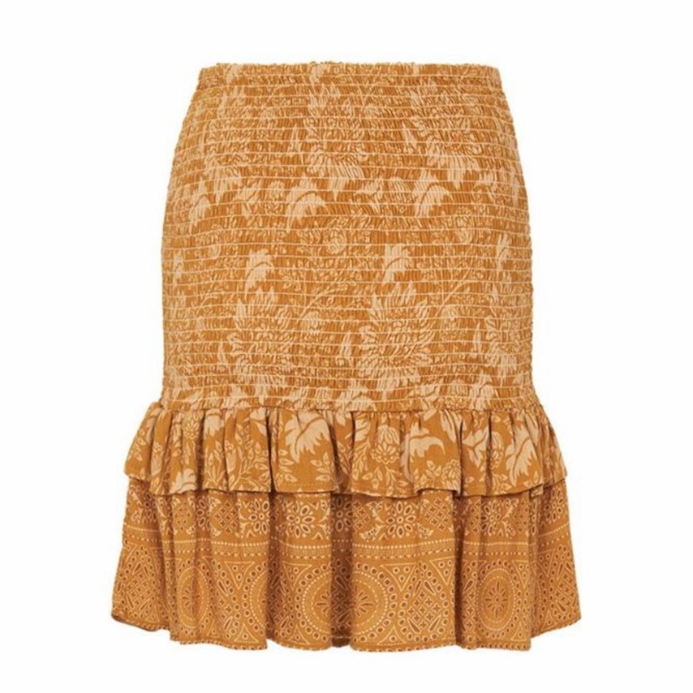 SPELL & THE GYPSY COLLECTIVE LIONESS RUNCHED MINI SKIRT IN CARAMEL SIZE SMALL